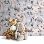 کاغذدیواری کودک طرح حیوانات | کرم / خاکستری کد 12029