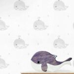 کاغذدیواری کودک طرح نهنگ‌های دریایی | طوسی / سفید کد 12041